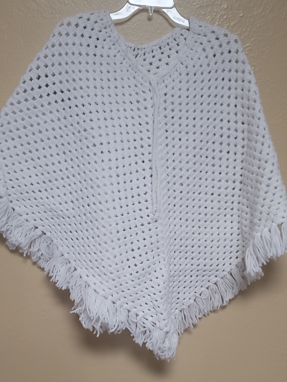 Cozy White Crochet Fringe Poncho